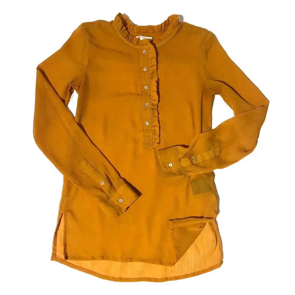H&M gorgeous ruffled half button chiffon/crepe blouse in marigold/mustard. Sz XS